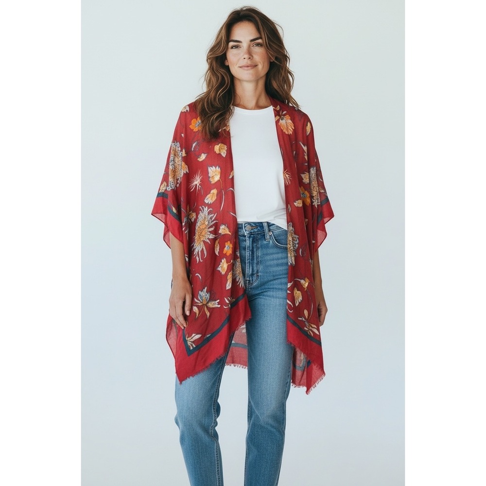 Woven Heart Red Floral Print Kimono Cardigan Duster‎ One Size Lightweight